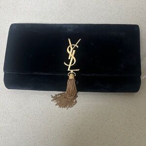 Saint Laurent Kate Black Velvet Tassel YSL Clutch with Gold Logo